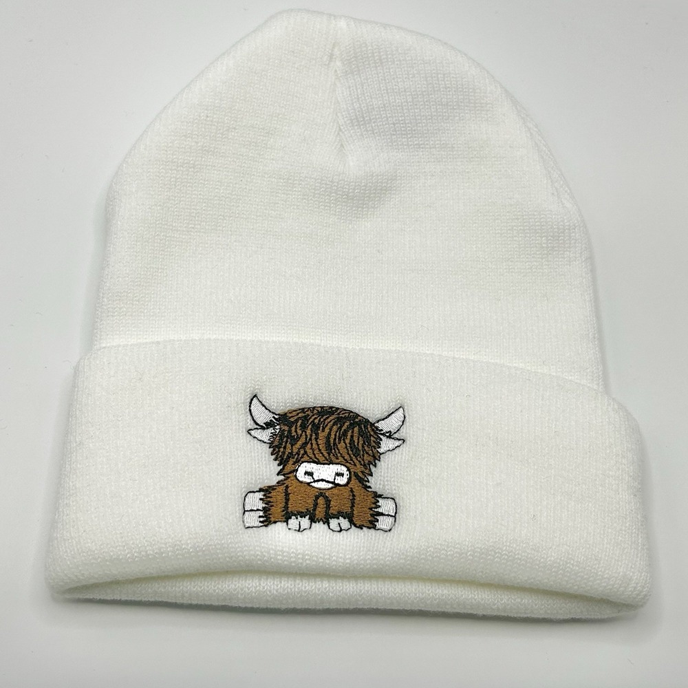 Highland Cow Cattle Cartoon Animal Beanie Hat Cap Knit Cuff White Outdoors